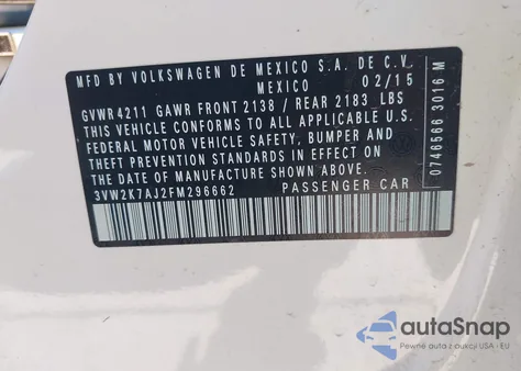 2015 Volkswagen Jetta 2.0L S from USA, damaged, VIN 3VW2K7AJ2FM296662